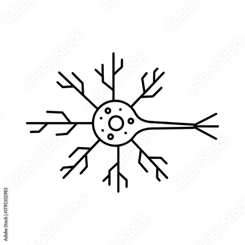 Illustration of a neuron cell with dendrites axon and cell body in black outline on a white background