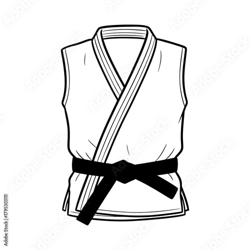 Illustration of a sleeveless white karate gi with black belt tied around the waist area of the uniform