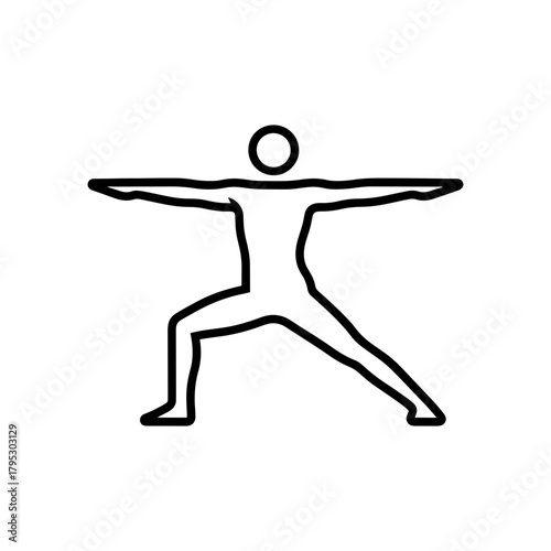 Outline drawing of a person in warrior two yoga pose with arms extended and legs spread wide apart