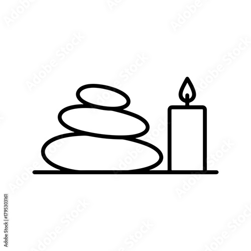 Stacked zen stones and a lit candle representing relaxation and wellness in a simple outline style