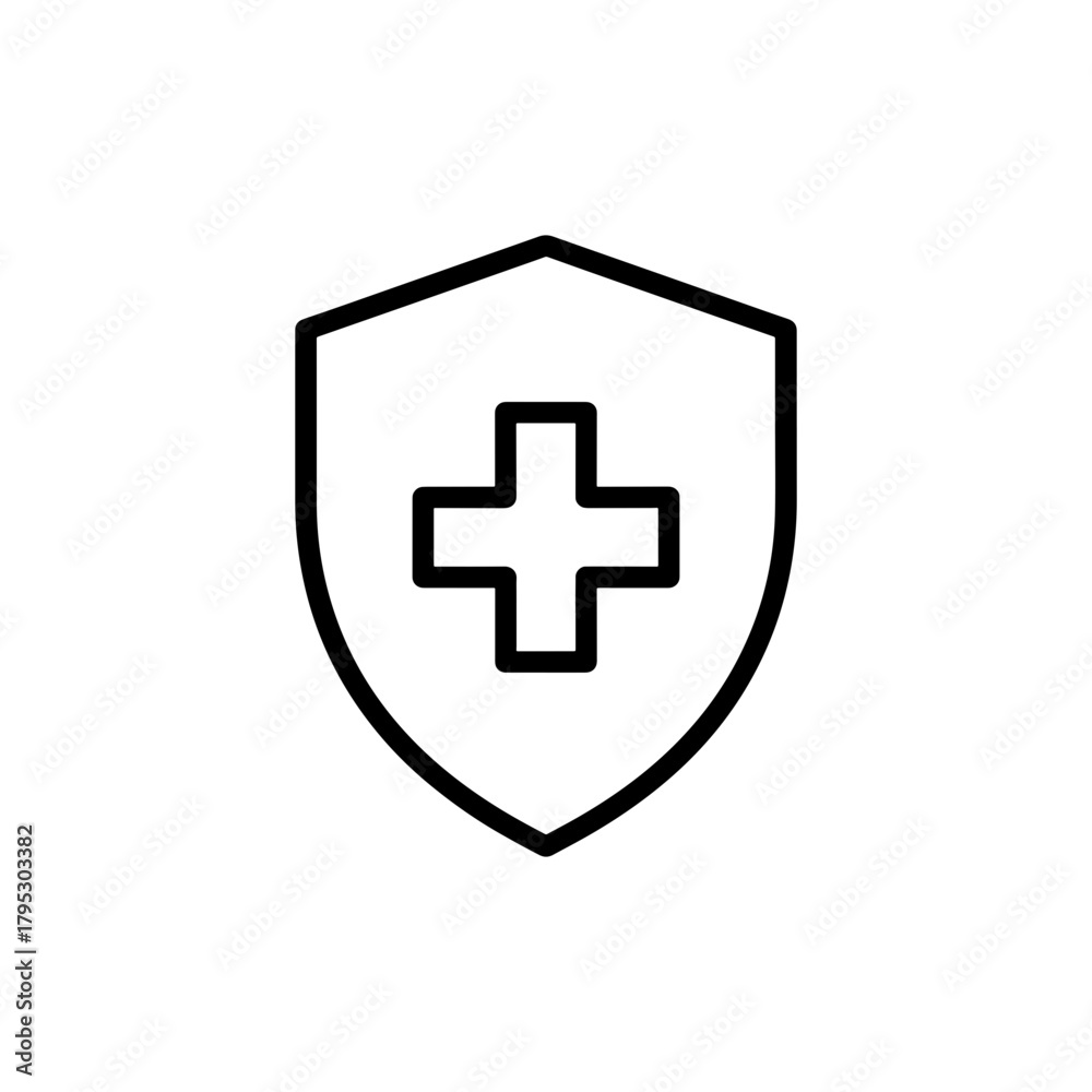 Fototapeta premium Outline drawing of a shield shape with a plus sign in the center representing health and protection