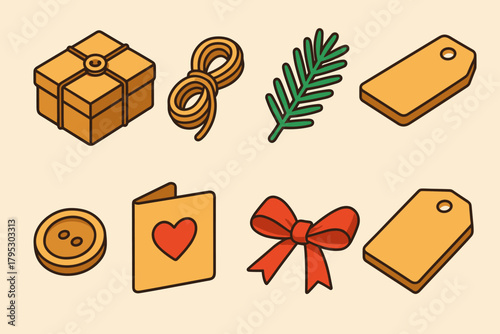 Modern Rustic Gift Icons. Rustic Gift Set flat icons: kraft box, jute string, pine sprig, paper label, button, handmade card, ribbon, tag.
