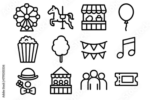 Fairground Fun Icons. Fairground Highlights linear icons: ferris wheel, carousel horse, food stall, balloon, popcorn bag, cotton candy, bunting flags, music note, clown hat, game.
