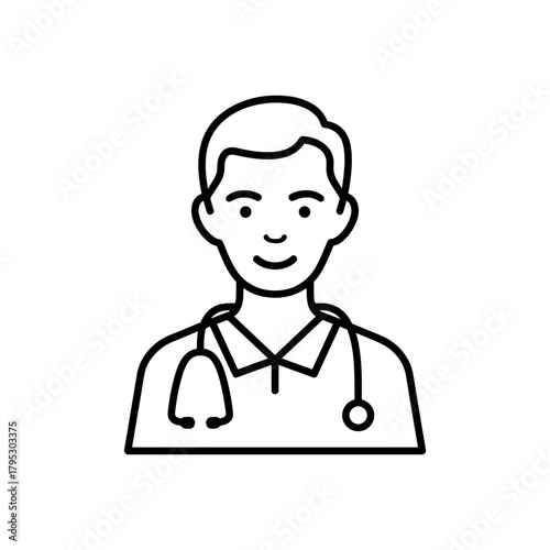 Illustration of a doctor with a stethoscope around his neck in a simple outline style image design