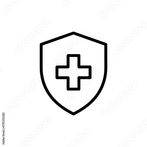 Outline drawing of a shield shape with a plus sign in the center representing health and protection