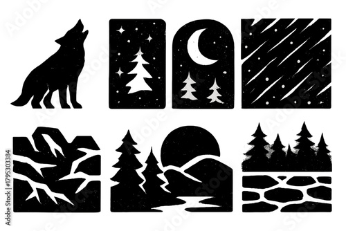 Frozen Wilderness Icons. Frozen Wilderness silhouette icons set: wolf silhouette, frosty night, snowstorm, pine ridge, icy terrain, rising moon, forest haze, frozen ground.
