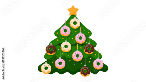 Donut Christmas Tree: A whimsical holiday scene presents a cheerful Christmas tree, adorned with delicious donuts in place of traditional ornaments, topped with a star.