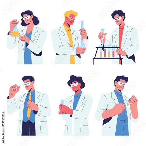 Diverse scientists in lab coats conducting experiments and research