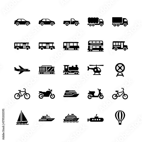Silhouette icons representing various modes of transportation including land sea and air vehicles shown in rows