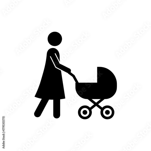 Illustration of a woman pushing a baby stroller in black silhouette on a white background simple design