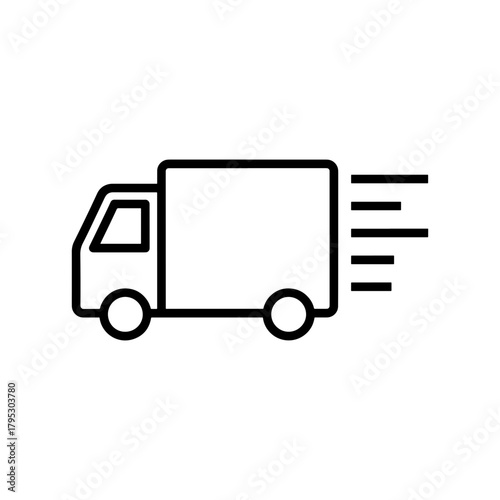 Simple line drawing of a delivery truck moving quickly to the right with motion lines showing speed