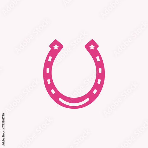Vibrant pink vector icon of a stylized horseshoe with star detailing on the top holes Symbolizes good luck equestrian sports femininity and simple bold graphic design