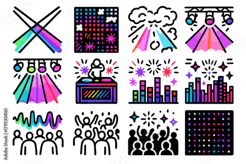 Energetic DJ Stage Setup. DJ Stage Setup linear icons: laser beams, LED panels, fog effects, dance floor lights, colorful strobes, DJ booth glow, rhythmic pulses, sound waves.