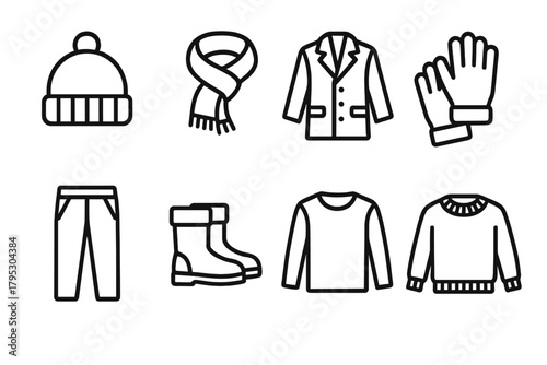 Winter Wardrobe Icons. Warm Clothing Essentials linear icons: beanie, scarf wrap, wool coat, gloves, fleece pants, warm boots, thermal shirt, knit sweater.