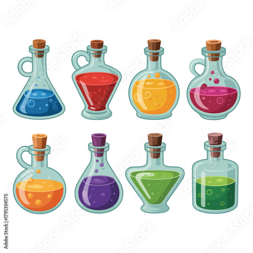 Collection of colorful magic potions in glass bottles with cork stoppers
