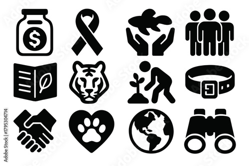 Brutalist Conservation Icons. Conservation Support silhouette icons set: donation jar, awareness banner, rescue logo, volunteer group, educational brochure, wildlife symbol.