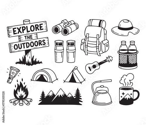 Travel and vacation icon set in simple black vector style