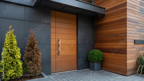 Modern house entrance with wooden door and stylish exterior design
