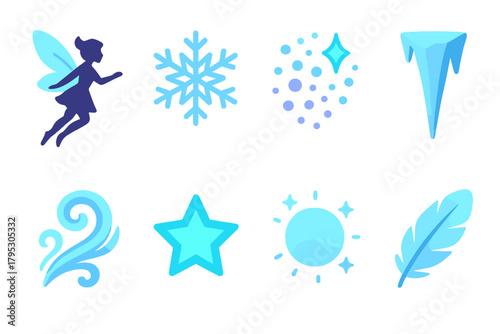 Frosted Fantasy Icons. Frosted Wings flat icons: fairy silhouette, snowflake, sparkle dust, icicle, frost swirl, star, glow, feather.