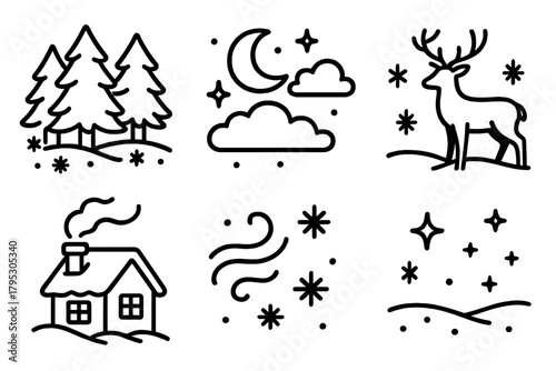 Winter Moonlit Icons. Winter Moonlight View linear icons: snowy forest, moon above clouds, frozen lake, deer silhouette, chimney smoke, frosty air, sparkling snow, quiet night.