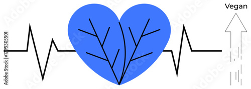 Blue heart resembling leaves integrated in heartbeat line and arrow labeled Vegan. Ideal for health, fitness, veganism, sustainability, conscious living, plant-based diet, wellness. Simple flat