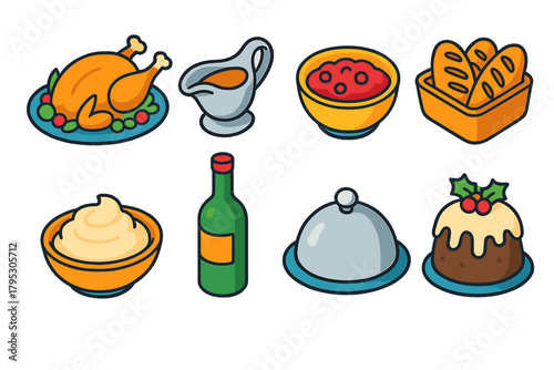 Holiday Feast Icons. Christmas Feast Essentials flat icons: roast turkey platter, gravy boat, cranberry sauce bowl, bread basket, mashed potatoes dish, wine bottle, serving tray.
