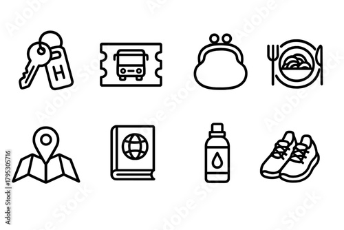 Budget Travel Icons. Budget Travel linear icons: hostel key, bus ticket, coin purse, shared meal, map pin, travel guide, refill bottle, walking shoes.