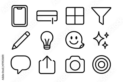 Icon Design Elements. Creative Posts linear icons: phone screen, caption bar, type cursor, image grid, filter icon, edit pencil, light bulb, sticker, sparkle, text bubble, upload.