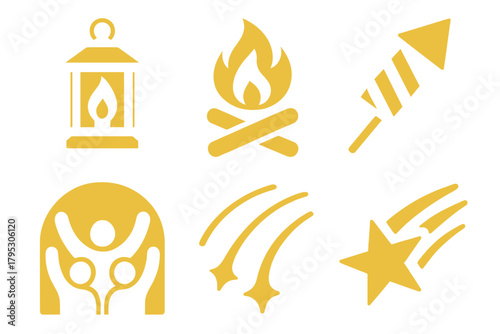 Night Festival Icons. Night Festival silhouette icons set: lantern, bonfire, sky rocket, crowd cheering, light trails, shooting star.