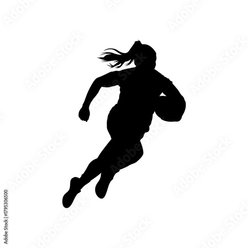 Silhouette of a female rugby player running with the ball in a dynamic action pose