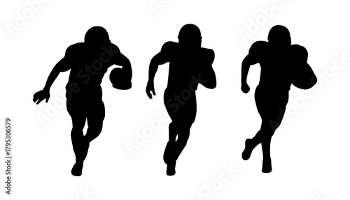 Silhouettes of three american football players running with the ball on a white background