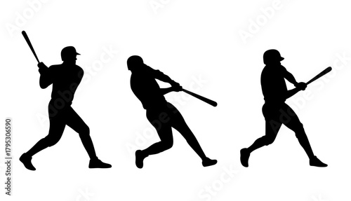 Silhouette of a baseball player in three different batting stances and swing phases isolated on white background