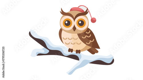 Snowy Owl with Holiday Spirit: An adorable illustration of an owl, perched on a snow-covered branch, dons a festive hat. The artwork brings the chill of winter to life with charm and cheer.