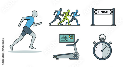 Dynamic athletes race towards a triumphant finish line with modern fitness equipment and stopwatch symbolizing achievement and healthy living, Generative AI
