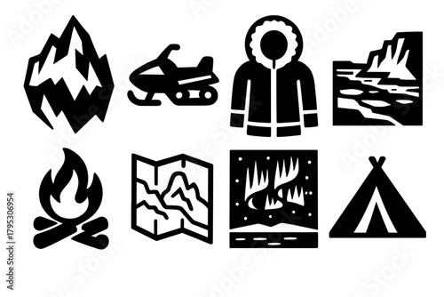 Arctic Exploration Icons. Arctic Exploration silhouette icons set: iceberg, snowmobile, furlined parka, frozen coast, campfire, map, northern glow, travel tent.
