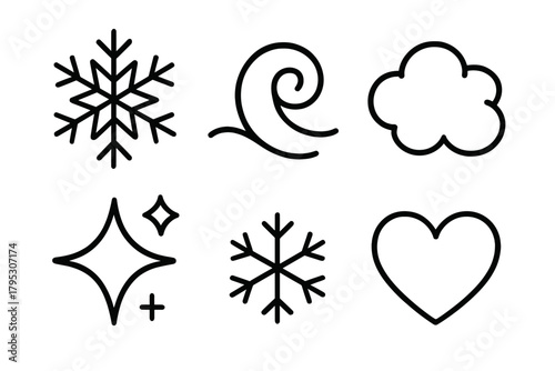 Geometric Snowflake Icons. Playful Winter Flakes linear icons: geometric snowflake, wave swirl, soft puff, sparkle star, tiny flake, heart shape.