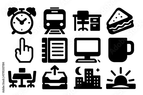 Bold Weekday Icons. Monday to Friday silhouette icons set: alarm clock, commuter train, office desk, lunch sandwich, clock hand, daily planner, desktop computer, coffee refill.