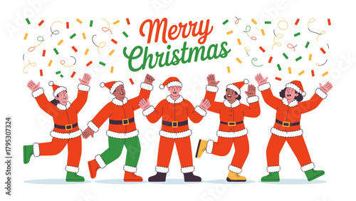 Joyful Christmas Celebration: A festive ensemble of figures, clad in vibrant Santa Claus attire, joyously celebrate the Christmas season amidst a cascade of colorful confetti.