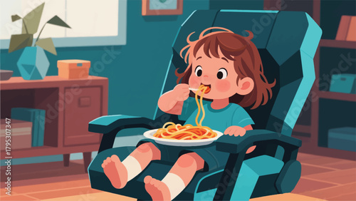 Illustration Of A Girl Eating Noodles On A Chair Vector Design Template