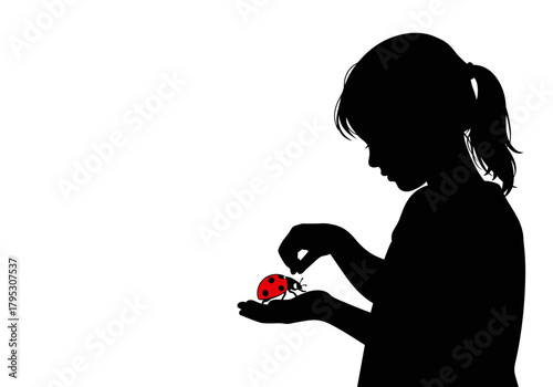 Girl releasing a ladybug outdoors on a transparent background
