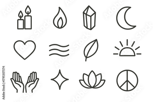 Sacred Calm Symbols. Sacred Calm Symbols linear icons: candle trio, gentle flame, crystal, moon, heart, water reflection, leaf, soft rays, open hands, sparkle, lotus petal, peace.