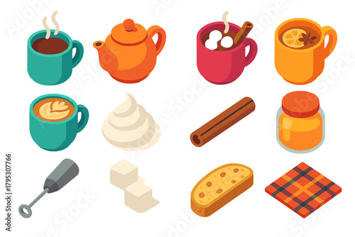 Cozy Winter Beverages. Cozy Winter Beverages flat icons: steaming mug, teapot, hot cocoa with marshmallows, spiced cider, latte cup, whipped cream swirl, cinnamon stick, honey jar.
