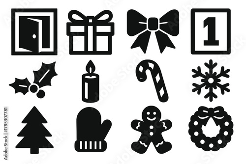 Bold Christmas Icons. Christmas Countdown Calendar silhouette icons set: window flap, gift surprise, bow tie, number card, holly leaf, candle, candy cane, snowflake charm, tree.