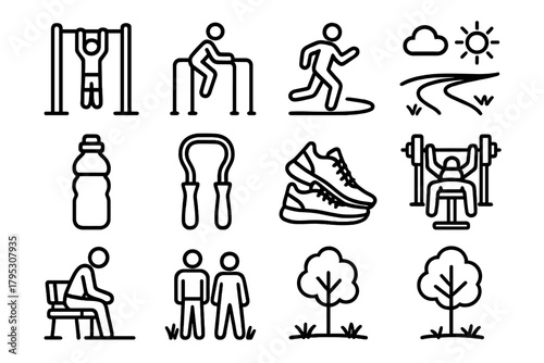 Community Fitness Area. Park Workout linear icons: pullup bars, parallel bars, running track, grassy field, water bottle, resistance bands, sneakers, open sky, bench press station.
