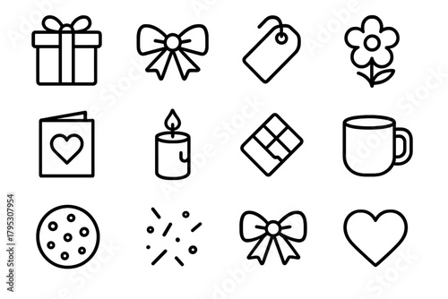 Thank You Icons. Thank You Gifts linear icons: gift box, ribbon, tag, flower, thankyou card, candle, chocolate, mug, cookie, confetti, bow, heart.
