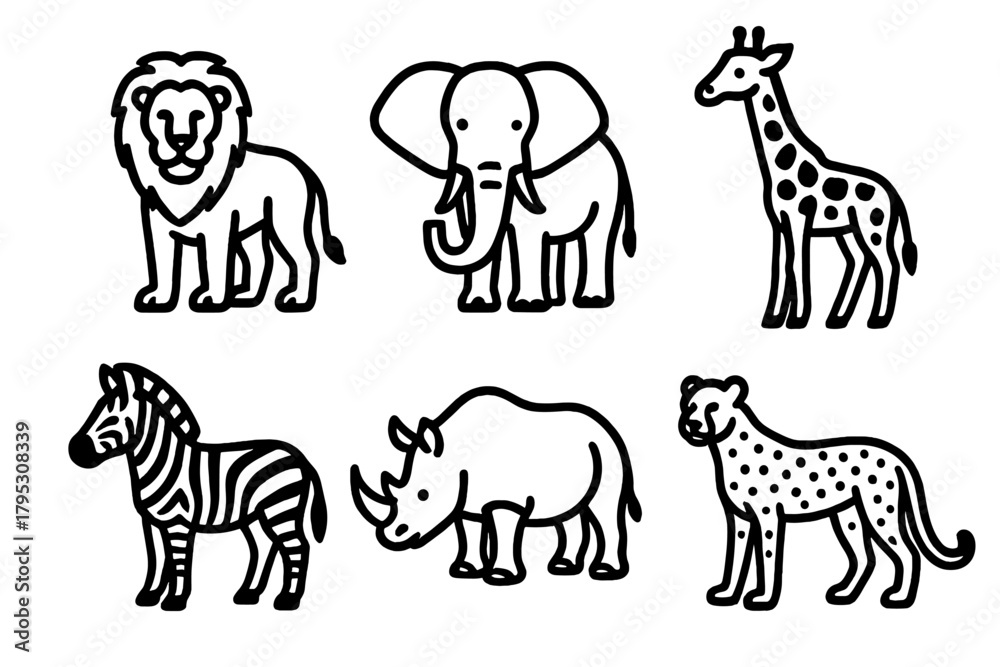 Fototapeta premium Savanna Animal Icons. Savanna Fauna linear icons: lion, elephant, giraffe, zebra, rhinoceros, cheetah.