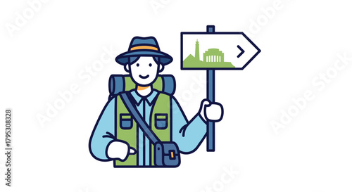 Adventurous traveler holding a directional signpost pointing towards exciting travel destinations and new experiences, Generative AI