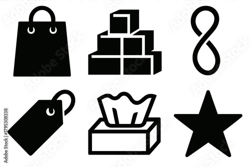 Brutalist Retail Icons. Retail Packaging silhouette icons set: shopping bag, stacked boxes, handle string, label, tissue paper, star.