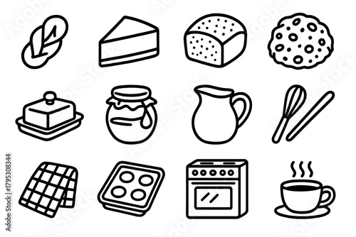 Icelandic Pastry Icons. Icelandic Baking linear icons: kleinur twisted doughnut, skyr cheesecake slice, rye bread loaf, berry scone, butter dish, honey jar, milk jug, whisk.