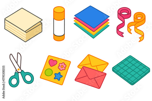 Vibrant Paper Craft Icons. Paper Craft Display flat icons: cardstock, glue stick, colored paper, ribbons, scissors, stickers, envelopes, cutting mat.